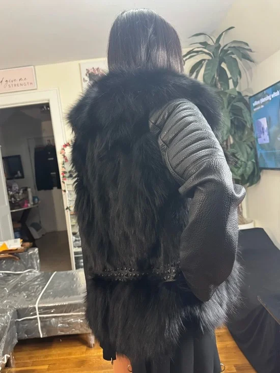 Black Genuine Raccoon Fur Trim Quilted-Sleeve Leather Jacket for Women - Picture 3 of 4